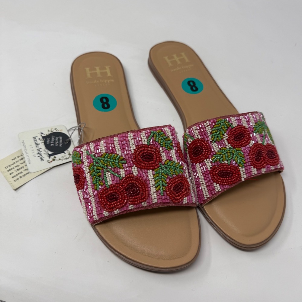 Haute Hippie Style Womens Pink Beaded Floral Slide Sandals Leather Lining Size 8